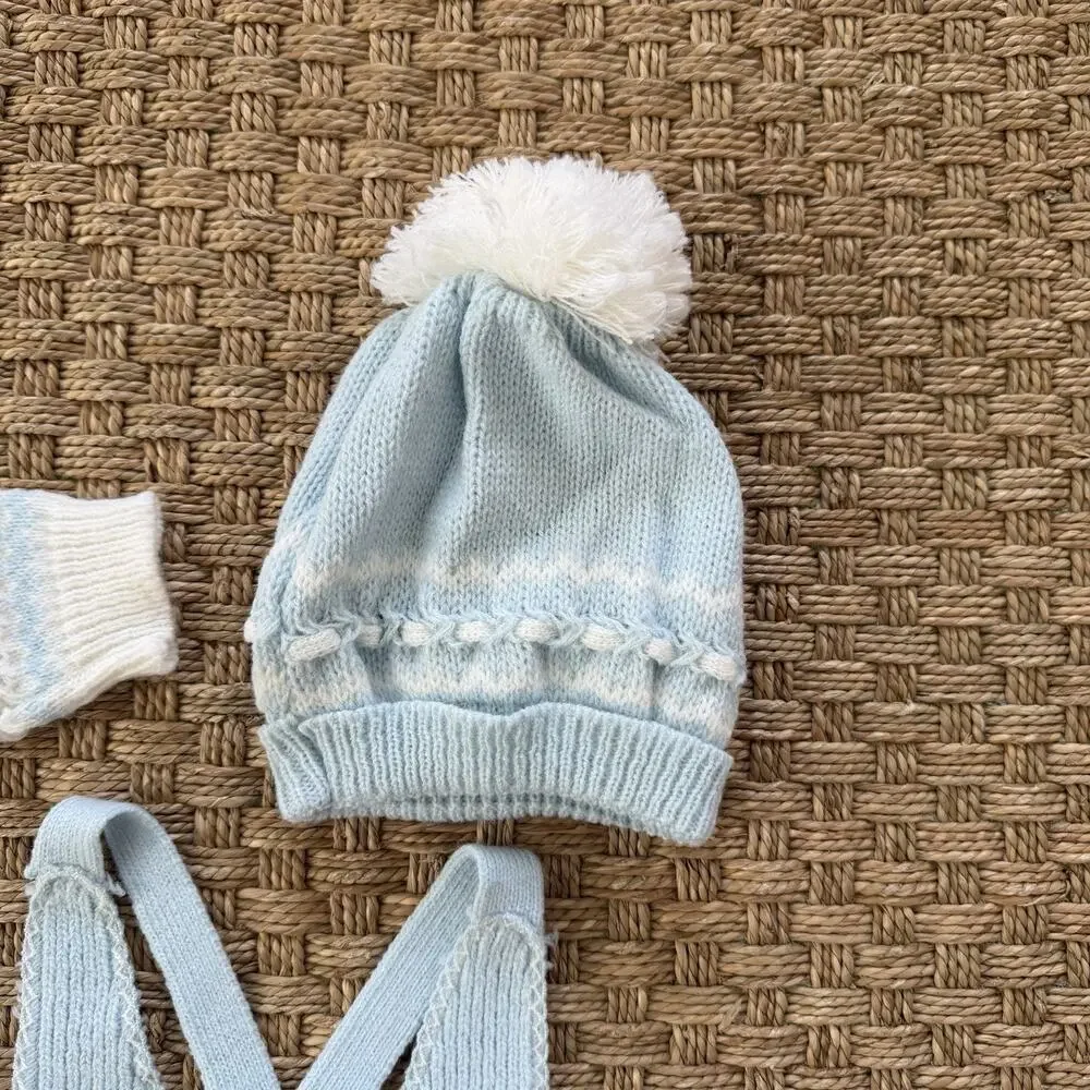 Vintage Heirloom Baby Boy’s Crylor Overalls, Cardigan & Knit Hat Baby Blue Set